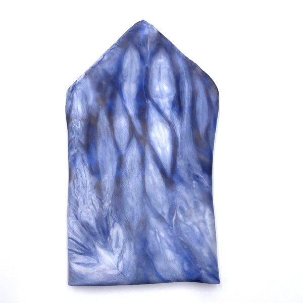 Indigo blue luxury silk pocket square scarf in striped shibori pattern, sustainable wear with many style looks. Best fashion accessory for any season or occasion. Makes a great gift. Handmade one of a kind artisan accessories. Square shaped 17 inches by 17 inches.