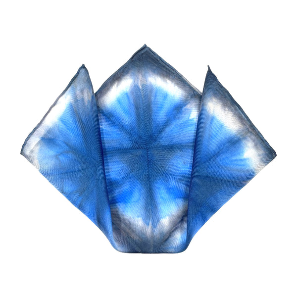 Blue and white geometric patterned luxury silk pocket square handkerchief hand dyed, one of a kind, sustainable wear with many style looks. Best fashion accessory for any season or occasion. Makes a great gift. Handmade one of a kind artisan accessories. Square shaped 11 inches by 11 inches.