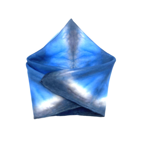 Blue and white geometric patterned luxury silk pocket square handkerchief hand dyed, one of a kind, sustainable wear with many style looks. Best fashion accessory for any season or occasion. Makes a great gift. Handmade one of a kind artisan accessories. Square shaped 11 inches by 11 inches.