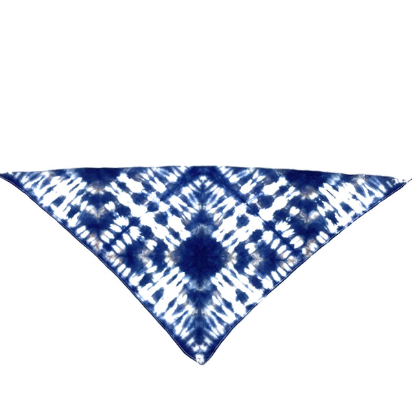 100% natural breathable triangular cotton bandana measuring 22"x22"x29" inches in a beautiful tie dyed shibori pattern in indigo blue.  Each bandana is custom made for your furry friend providing one-of-a-kind style.  No two are alike, and are not made by factory/machine! Lines are not perfect by intention and add to the character of the design. Machine washable and dryer friendly.