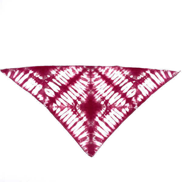 100% natural breathable triangular cotton bandana measuring 22"x22"x29" inches in a beautiful tie dyed shibori pattern in red and white.  Each bandana is custom made for your furry friend providing one-of-a-kind style.  No two are alike, and are not made by factory/machine! Lines are not perfect by intention and add to the character of the design. Machine washable and dryer friendly.