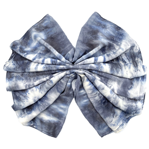 Slate grey, blue and white luxury silk scarf shawl in tie dye shibori pattern, sustainable wear with many style looks. Best fashion accessory for any season or occasion. Makes a great gift. Handmade one of a kind artisan accessories. Rectangle shaped 20 inches by 88 inches.