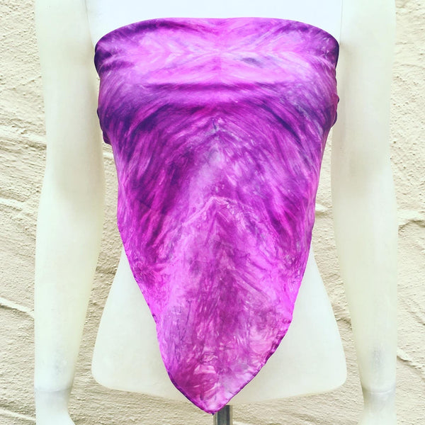 Hot pink fuchsia luxury silk bandana scarf with tie dye shibori pattern, sustainable wear. Square dimension 21 inches by 21 inches. Best fashion accessory for any season or occasion, and makes a great gift. Handmade artisan one of a kind accessory.