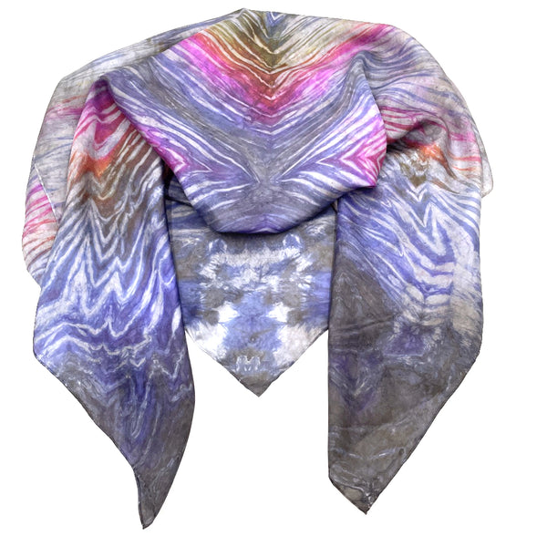 Rainbow multi colored large luxury silk square scarf in striped safari shibori pattern, sustainable wear with many style looks. Best fashion accessory for any season or occasion. Makes a great gift. Handmade one of a kind artisan accessories. Square shaped 43 inches by 43 inches.