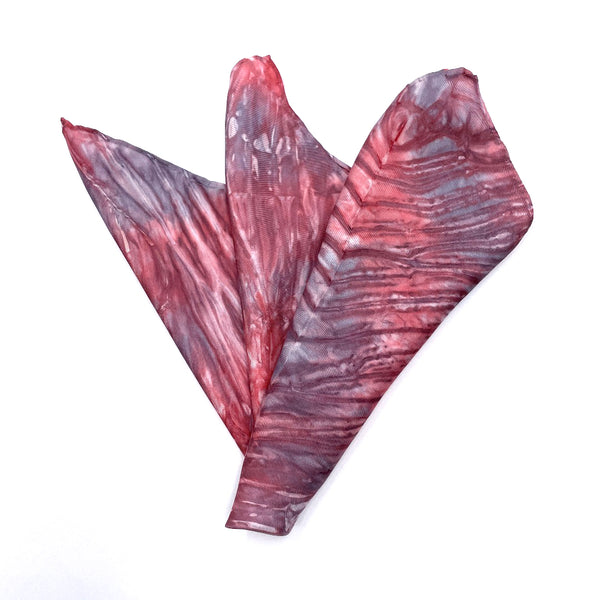 Red platinum luxury silk pocket square scarf in striped shibori pattern, sustainable wear with many style looks. Best fashion accessory for any season or occasion. Makes a great gift. Handmade one of a kind artisan accessories. Square shaped 17 inches by 17 inches.