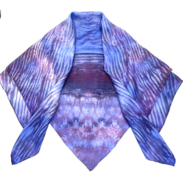 Royal Blue colored large luxury silk square scarf in striped safari shibori pattern, sustainable wear with many style looks. Best fashion accessory for any season or occasion. Makes a great gift. Handmade one of a kind artisan accessories. Square shaped 43 inches by 43 inches.