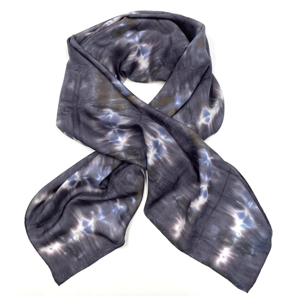 Black Charcoal and blue large luxury silk square scarf in striped shibori pattern, sustainable wear with many style looks. Best fashion accessory for any season or occasion. Makes a great gift. Handmade one of a kind artisan accessories. Square shaped 43 inches by 43 inches.