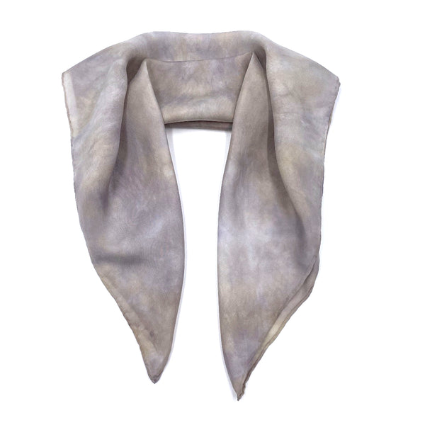 Silver gray and ecru gold luxury sustainable silk bandana scarf. Square dimension 21 inches by 21 inches. Best fashion accessory for any season and makes a great gift. Handmade artisan one of a kind accessory.