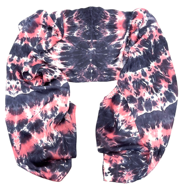 Beautiful luxury coral red, black and white silk scarf shawl in a tie dye shibori pattern, sustainable wear with many style looks. Best fashion accessory for any season or occasion. Makes a great gift. Handmade one of a kind artisan accessories. Rectangle shaped 22 inches by 88 inches.