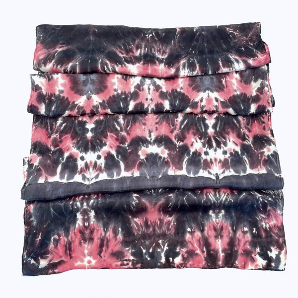 Beautiful luxury coral red, black and white silk scarf shawl in a tie dye shibori pattern, sustainable wear with many style looks. Best fashion accessory for any season or occasion. Makes a great gift. Handmade one of a kind artisan accessories. Rectangle shaped 22 inches by 88 inches.