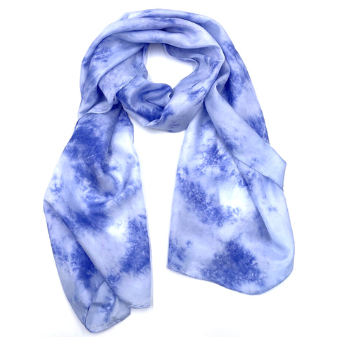 Beautiful luxury blue and white silk scarf shawl in a tie dye shibori pattern, sustainable wear with many style looks. Best fashion accessory for any season or occasion. Makes a great gift. Handmade one of a kind artisan accessories. Rectangle shaped 22 inches by 88 inches.