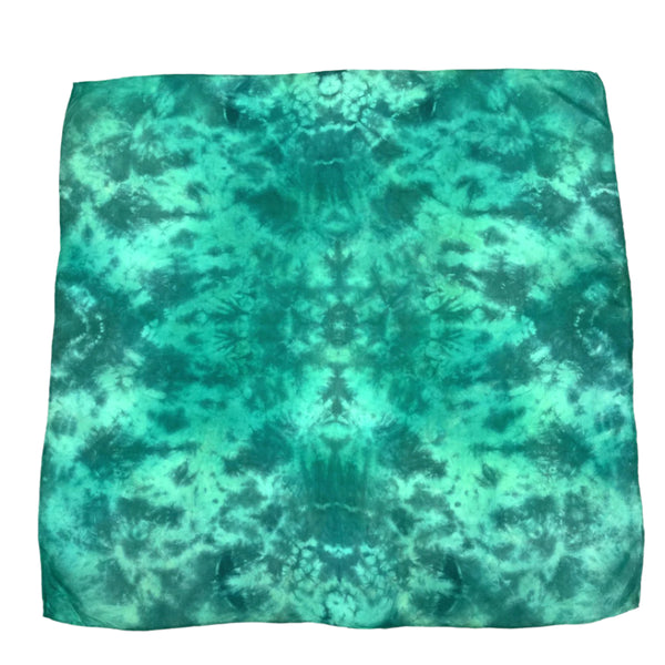Emerald Green luxury silk bandana scarf in variegated tie dye shibori pattern, sustainable wear with many style looks. Best fashion accessory for any season or occasion. Makes a great gift. Handmade one of a kind artisan accessories.