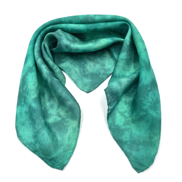Emerald Green luxury silk bandana scarf in variegated tie dye shibori pattern, sustainable wear with many style looks. Best fashion accessory for any season or occasion. Makes a great gift. Handmade one of a kind artisan accessories.