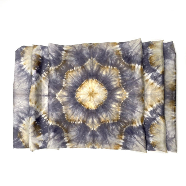 Gorgeous handmade shibori snowflake flower patterned square silk scarf measuring 43 inches by 43 inches in silver and gold hues. 