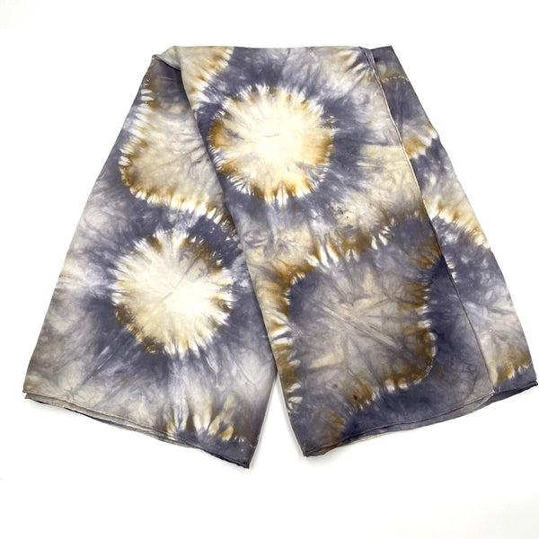 Gorgeous snowflake flower patterned square silk scarf measuring 43 inches by 43 inches in silver and gold hues. 