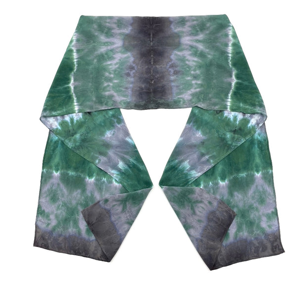 Green and gray luxury silk scarf in tie dye shibori pattern, sustainable wear with many style looks. Best fashion accessory for any season or occasion. Makes a great gift. Handmade one of a kind artisan accessories. Rectangle shaped 14 inches by 70 inches.