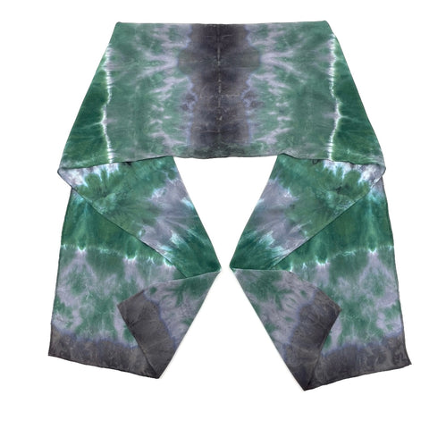 Green and gray luxury silk scarf in tie dye shibori pattern, sustainable wear with many style looks. Best fashion accessory for any season or occasion. Makes a great gift. Handmade one of a kind artisan accessories. Rectangle shaped 14 inches by 70 inches.