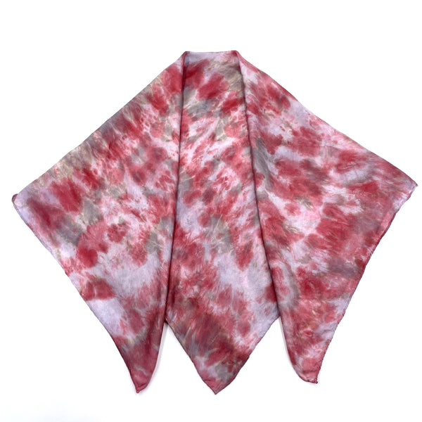 Red luxury silk scarf bandana in tie dye shibori pattern, sustainable wear with many style looks. Best fashion accessory for any season or occasion. Makes a great gift. Handmade one of a kind artisan accessories. Square shaped 30 inches by 30 inches.