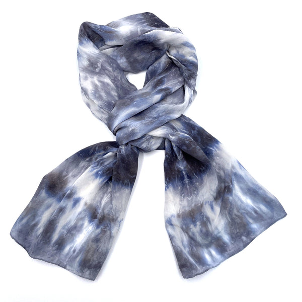 Slate grey, blue and white luxury silk scarf shawl in tie dye shibori pattern, sustainable wear with many style looks. Best fashion accessory for any season or occasion. Makes a great gift. Handmade one of a kind artisan accessories. Rectangle shaped 20 inches by 88 inches.