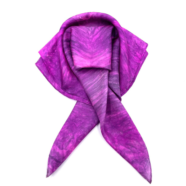 Hot pink fuchsia luxury silk bandana scarf with tie dye shibori pattern, sustainable wear. Square dimension 21 inches by 21 inches. Best fashion accessory for any season or occasion, and makes a great gift. Handmade artisan one of a kind accessory.
