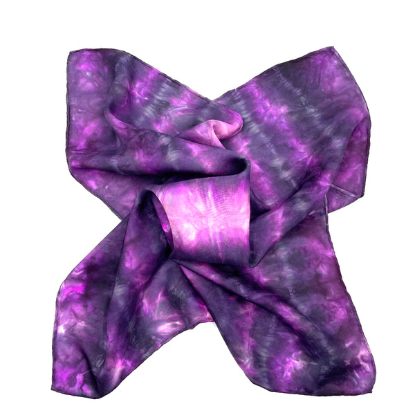 Hot pink fuchsia and charcoal black luxury silk bandana scarf with tie dye shibori pattern, sustainable wear. Square dimension 21 inches by 21 inches. Best fashion accessory for any season or occasion, and makes a great gift. Handmade artisan one of a kind accessory.