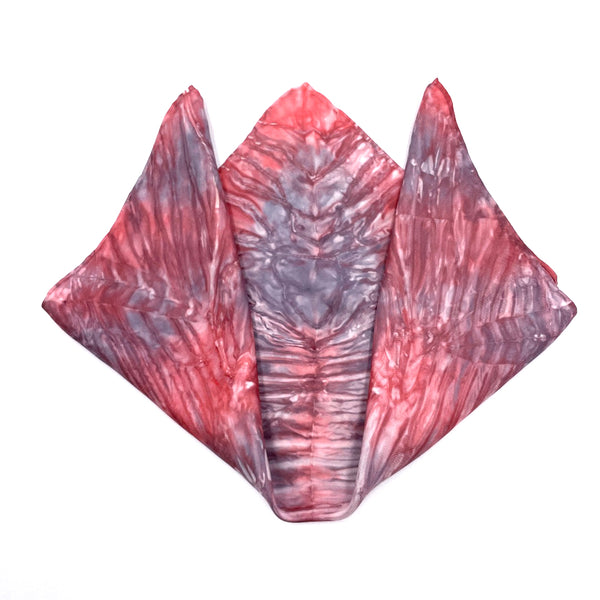 Red platinum luxury silk pocket square scarf in striped shibori pattern, sustainable wear with many style looks. Best fashion accessory for any season or occasion. Makes a great gift. Handmade one of a kind artisan accessories. Square shaped 17 inches by 17 inches.