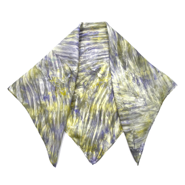 Purple and yellow luxury silk bandana scarf in tie dye shibori pattern, sustainable wear with many style looks. Best fashion accessory for any season or occasion. Makes a great gift. Handmade one of a kind artisan accessories.