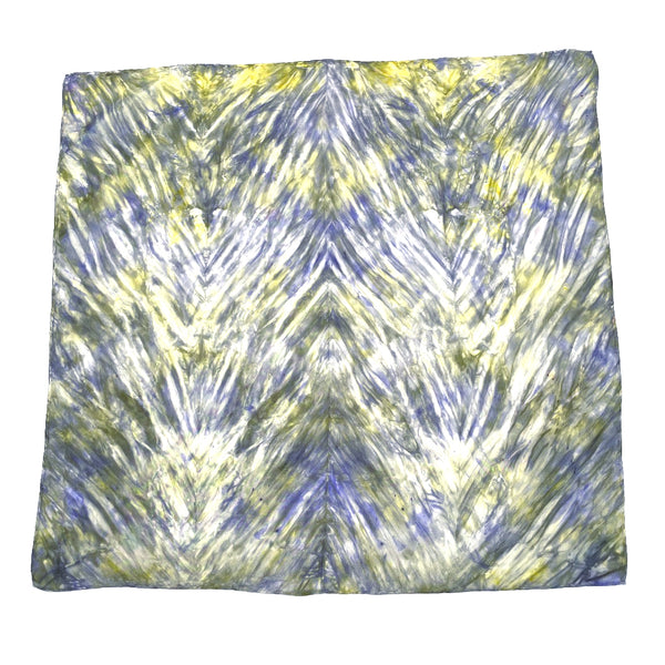 Purple and yellow luxury silk bandana scarf in tie dye shibori pattern, sustainable wear with many style looks. Best fashion accessory for any season or occasion. Makes a great gift. Handmade one of a kind artisan accessories.
