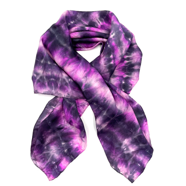 Fuchsia pink, black and white luxury silk large square scarf with tie dye shibori pattern, sustainable wear. Square dimension 43 inches by 43 inches. Best fashion accessory for any season or occasion, and makes a great gift. Handmade artisan one of a kind accessory.
