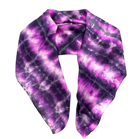 Fuchsia pink, black and white luxury silk large square scarf with tie dye shibori pattern, sustainable wear. Pictured as a shawl wrap in photo. Square dimension 43 inches by 43 inches. Best fashion accessory for any season or occasion, and makes a great gift. Handmade artisan one of a kind accessory.