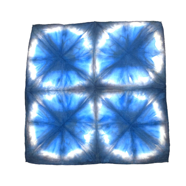 Blue and white geometric patterned luxury silk pocket square handkerchief hand dyed, one of a kind, sustainable wear with many style looks. Best fashion accessory for any season or occasion. Makes a great gift. Handmade one of a kind artisan accessories. Square shaped 11 inches by 11 inches.