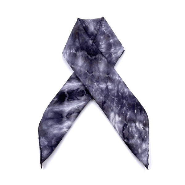 Black charcoal luxury silk bandana scarf in tie dye pattern, sustainable wear with many style looks. Best fashion accessory for any season or occasion. Makes a great gift. Handmade one of a kind artisan accessories. Square shaped 21 inches by 21 inches.