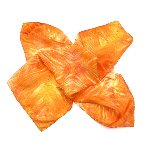Orange sunshine luxury striped silk scarf bandana in tie dye shibori pattern, sustainable wear with many style looks. Best fashion accessory for any season or occasion. Makes a great gift. Handmade one of a kind artisan accessories. Square shaped 28 inches by 28 inches.
