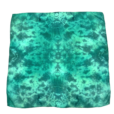 Emerald Green luxury silk bandana scarf in variegated tie dye shibori pattern, sustainable wear with many style looks. Best fashion accessory for any season or occasion. Makes a great gift. Handmade one of a kind artisan accessories.