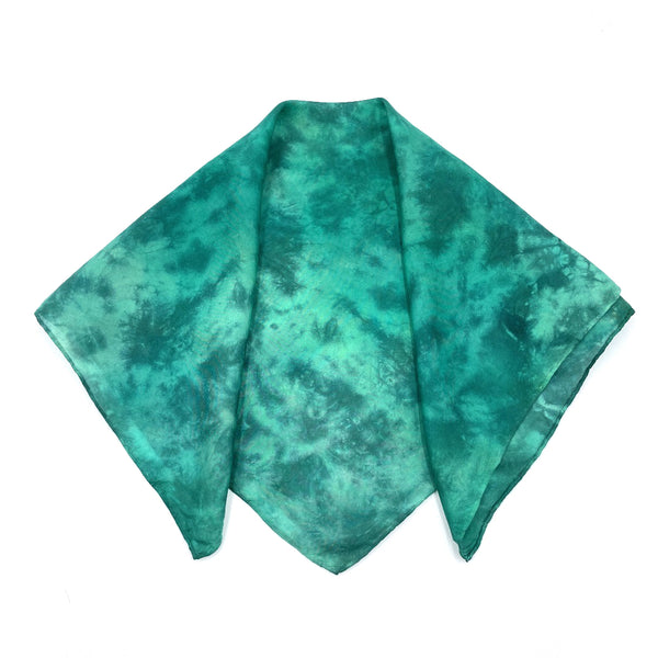 Emerald Green luxury silk bandana scarf in variegated tie dye shibori pattern, sustainable wear with many style looks. Best fashion accessory for any season or occasion. Makes a great gift. Handmade one of a kind artisan accessories.